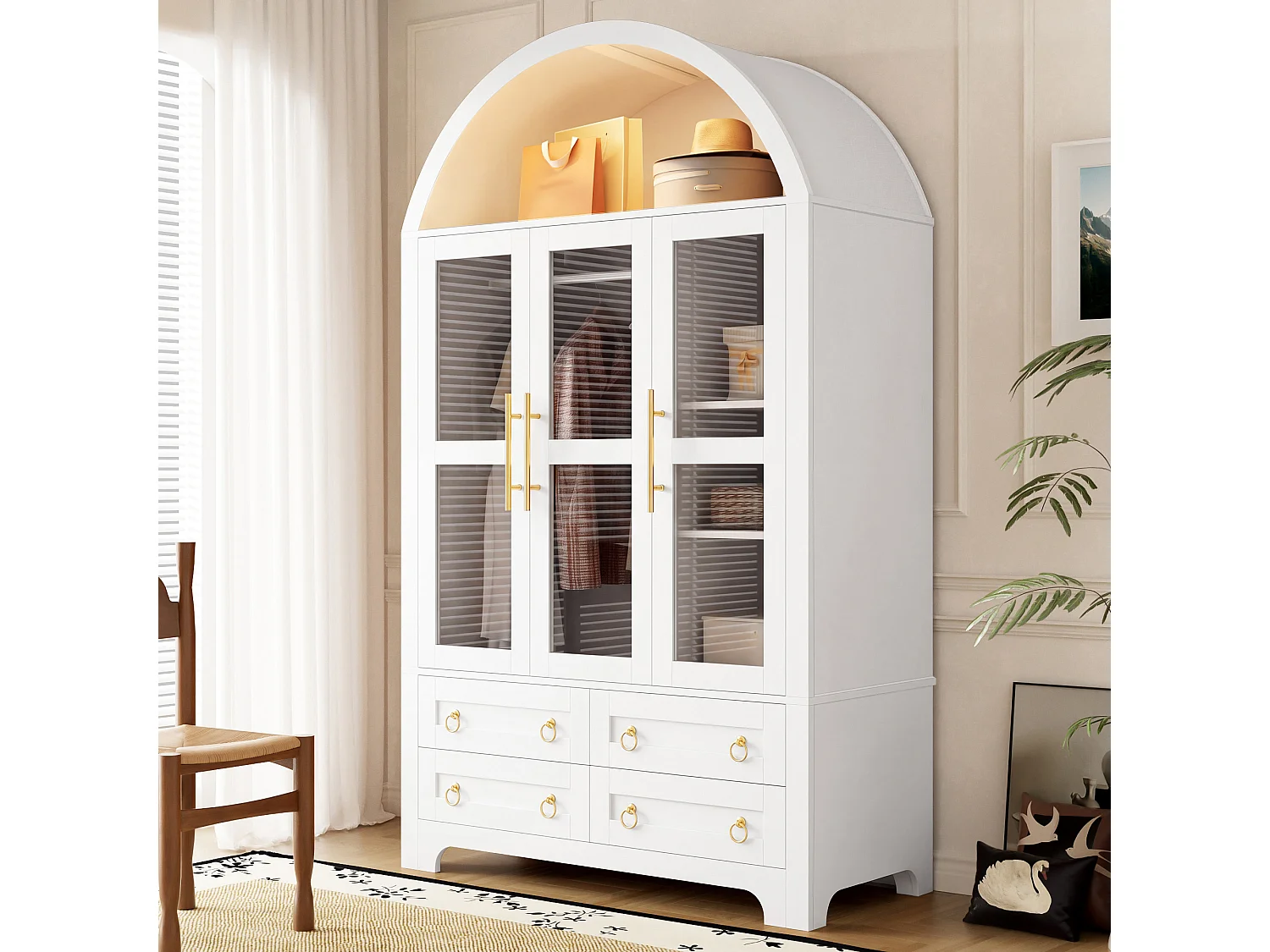 Armoire avec 3 portes vitrées et 4 tiroirs - éclairage LED, tringle et bandeau lumineux contrôlable via app - Blanc