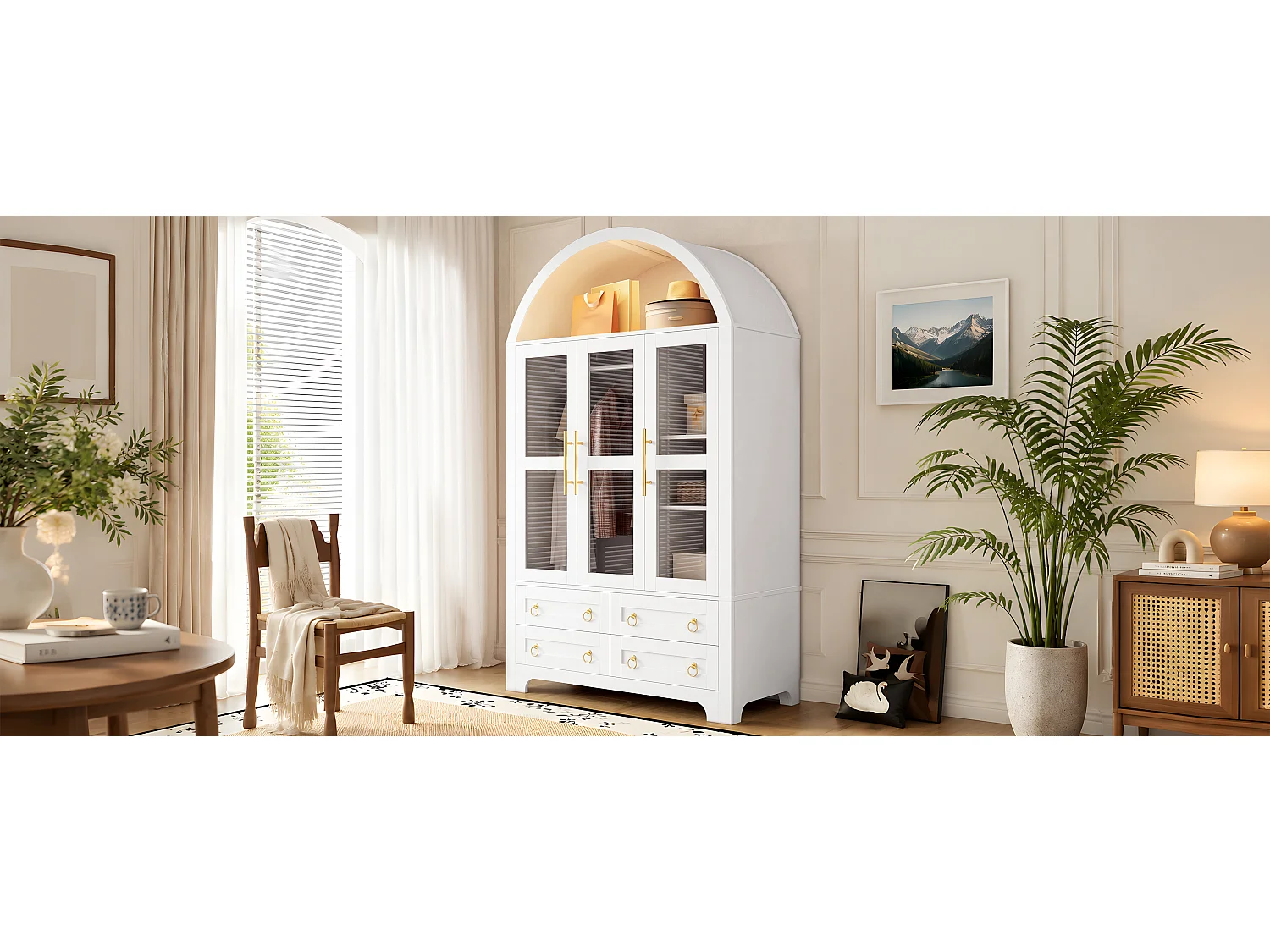 Armoire avec 3 portes vitrées et 4 tiroirs - éclairage LED, tringle et bandeau lumineux contrôlable via app - Blanc