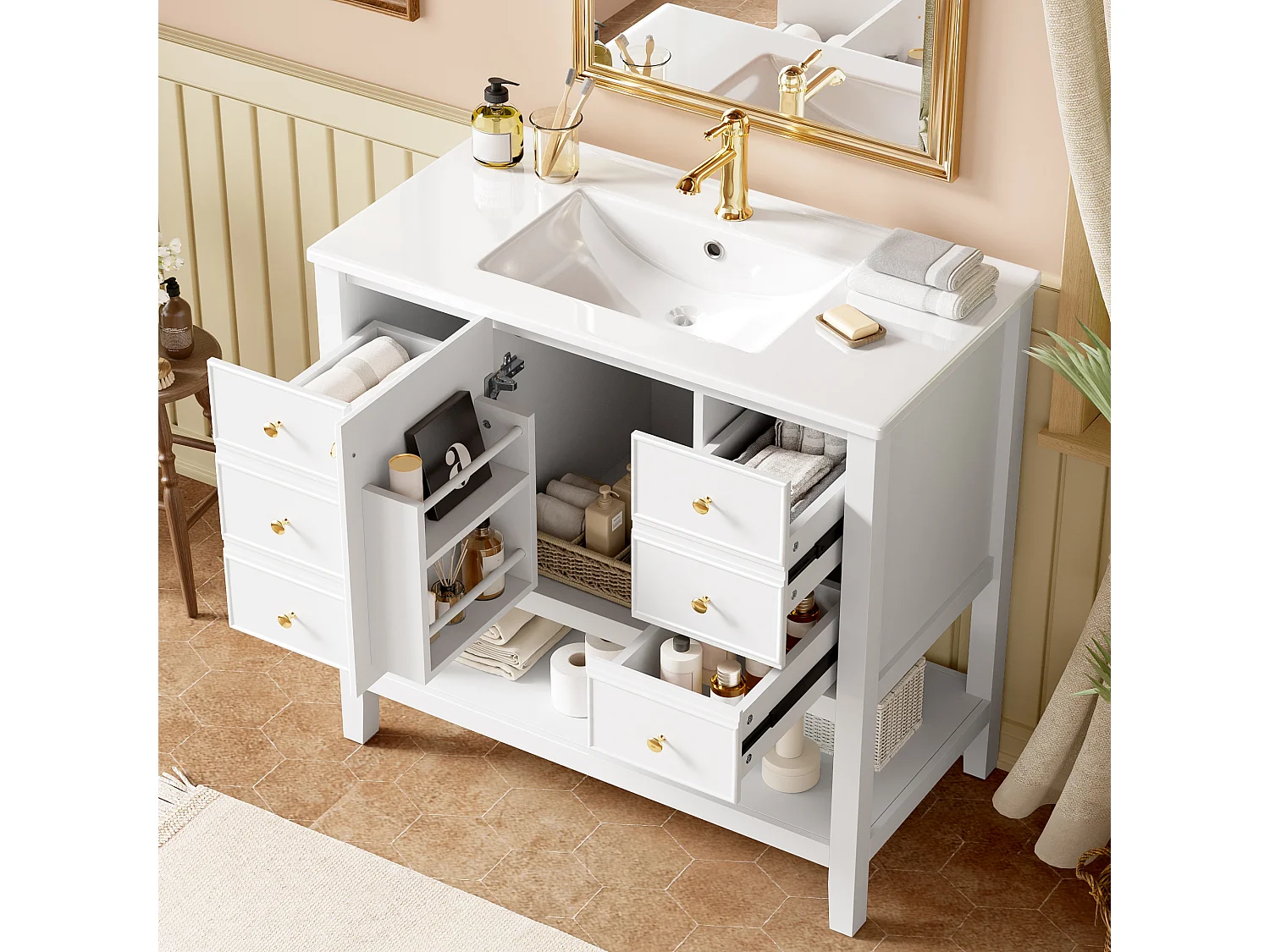 Mobile bagno con lavabo in ceramica 91x46,5x89 cm - 4 cassetti e 1 porte - Finitura laccata - ripiano aperto - Bianco