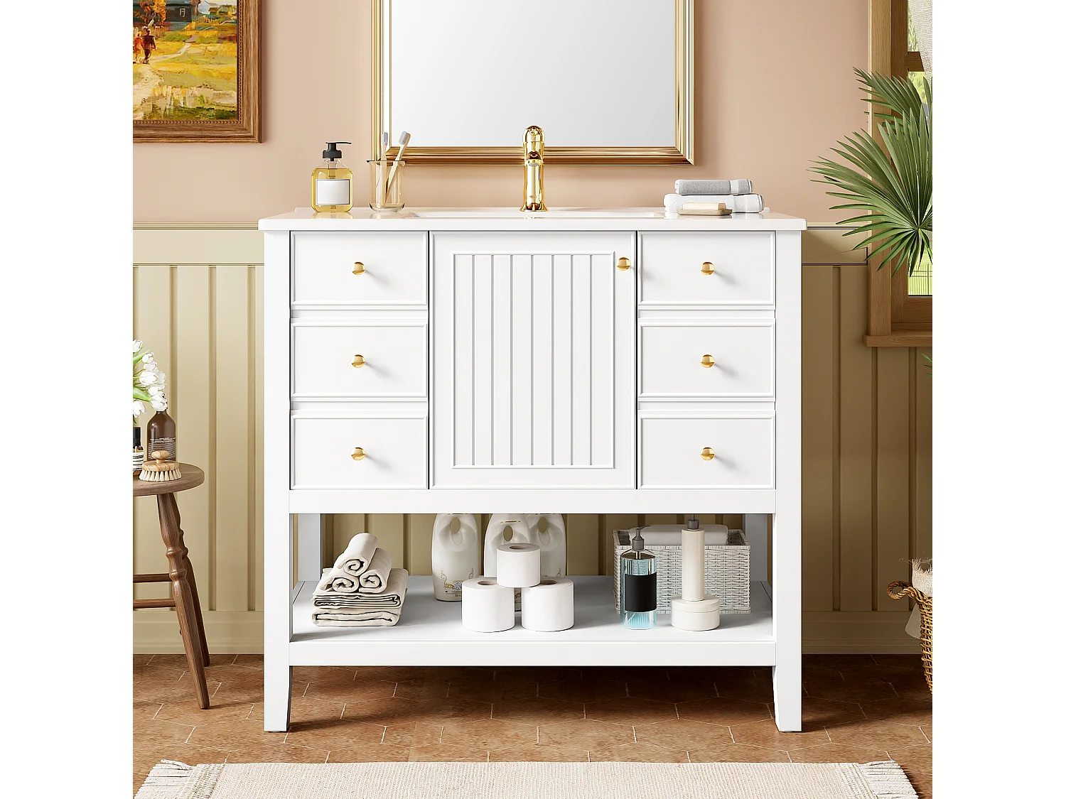 Mobile bagno con lavabo in ceramica 91x46,5x89 cm - 4 cassetti e 1 porte - Finitura laccata - ripiano aperto - Bianco