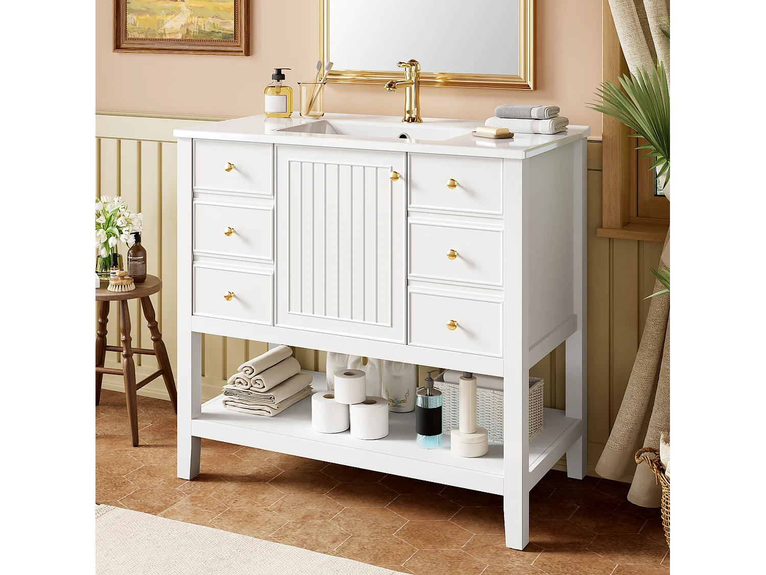 Mobile bagno con lavabo in ceramica 91x46,5x89 cm - 4 cassetti e 1 porte - Finitura laccata - ripiano aperto - Bianco
