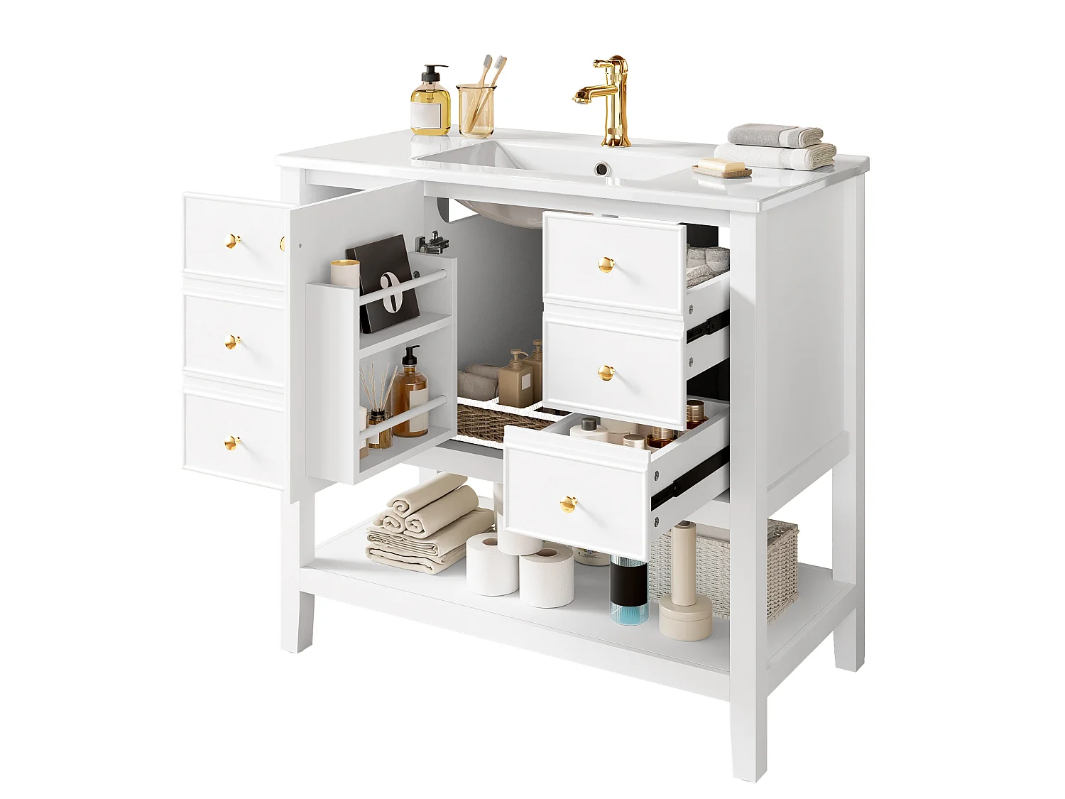 Mobile bagno con lavabo in ceramica 91x46,5x89 cm - 4 cassetti e 1 porte - Finitura laccata - ripiano aperto - Bianco