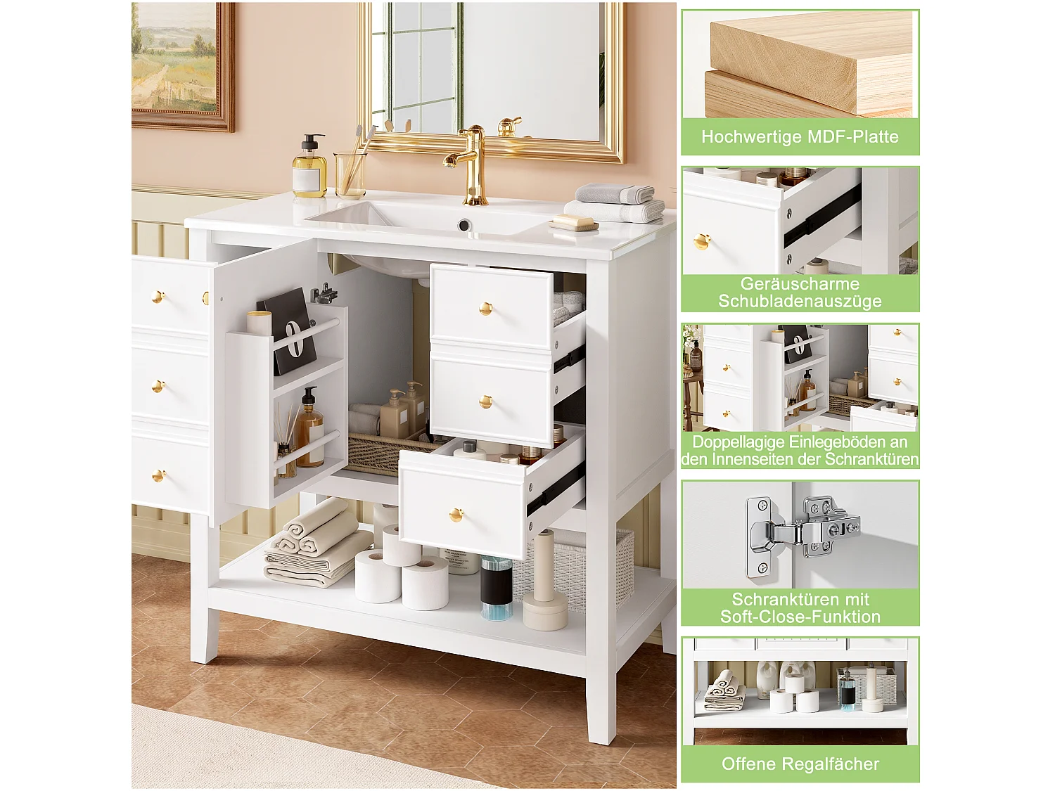 Mobile bagno con lavabo in ceramica 91x46,5x89 cm - 4 cassetti e 1 porte - Finitura laccata - ripiano aperto - Bianco