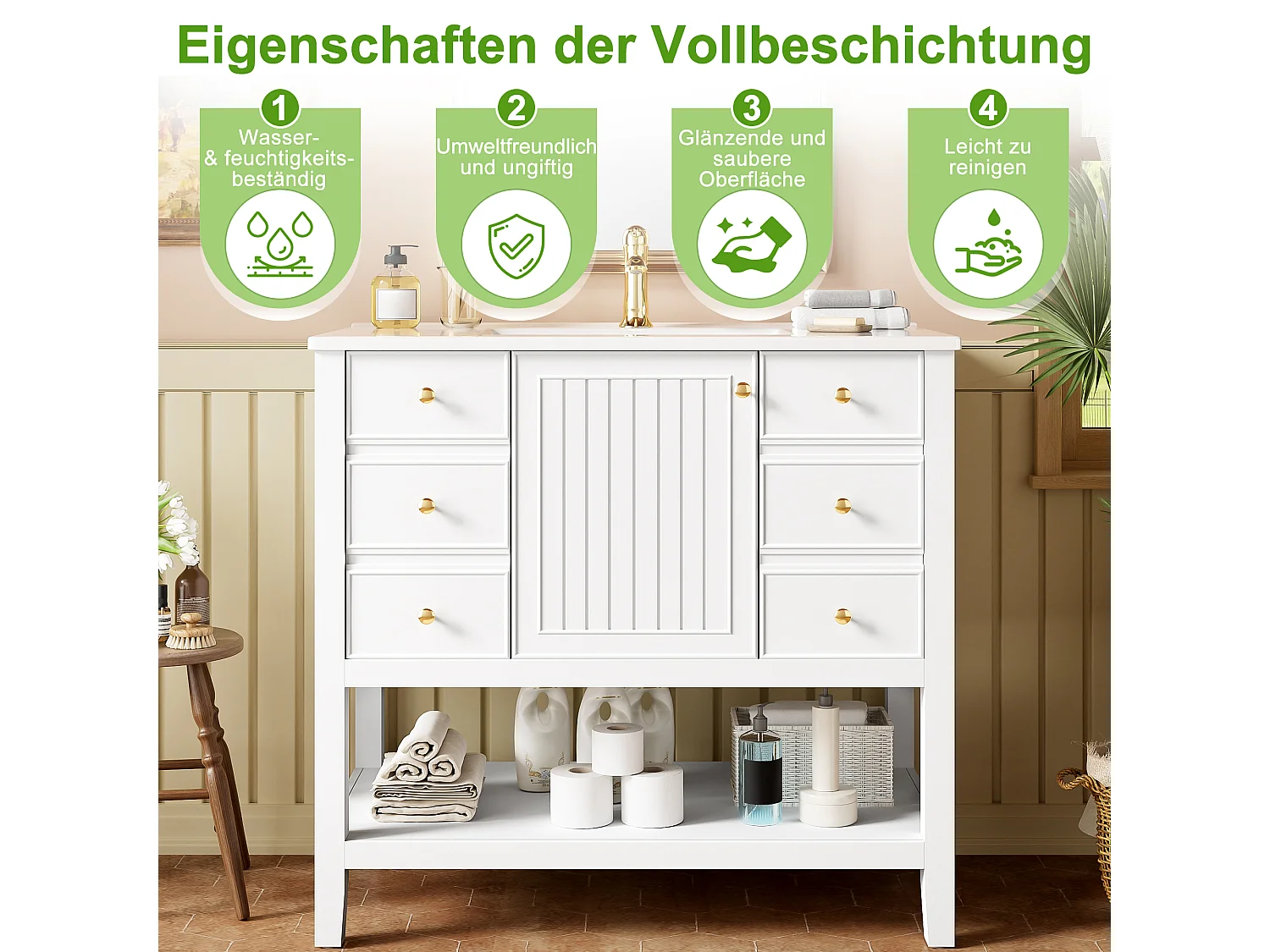 Mobile bagno con lavabo in ceramica 91x46,5x89 cm - 4 cassetti e 1 porte - Finitura laccata - ripiano aperto - Bianco