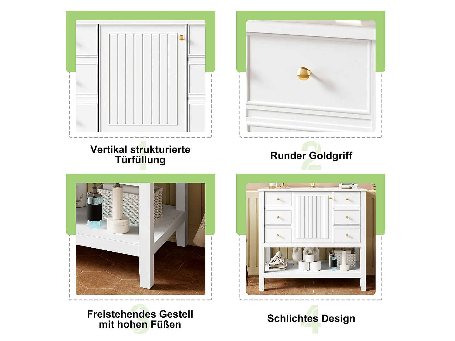 Mobile bagno con lavabo in ceramica 91x46,5x89 cm - 4 cassetti e 1 porte - Finitura laccata - ripiano aperto - Bianco