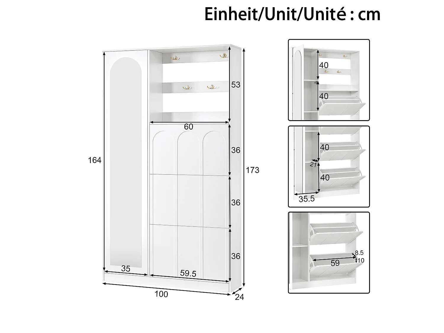Eingangsgarderoben-Set mit Spiegel – 3 Klappfächer, Haken und Regale – MDF – Weiß