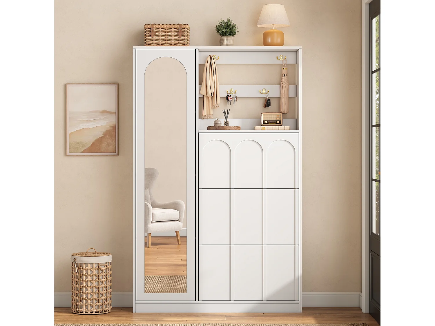 Eingangsgarderoben-Set mit Spiegel – 3 Klappfächer, Haken und Regale – MDF – Weiß