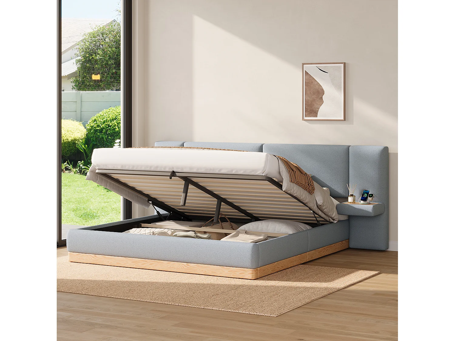 Lit coffre rembourré 180x200 cm -  Avec étagères en tête de lit et ports USB - Tissu Teddy + PU​​ - Gris+naturel (sans matelas)
