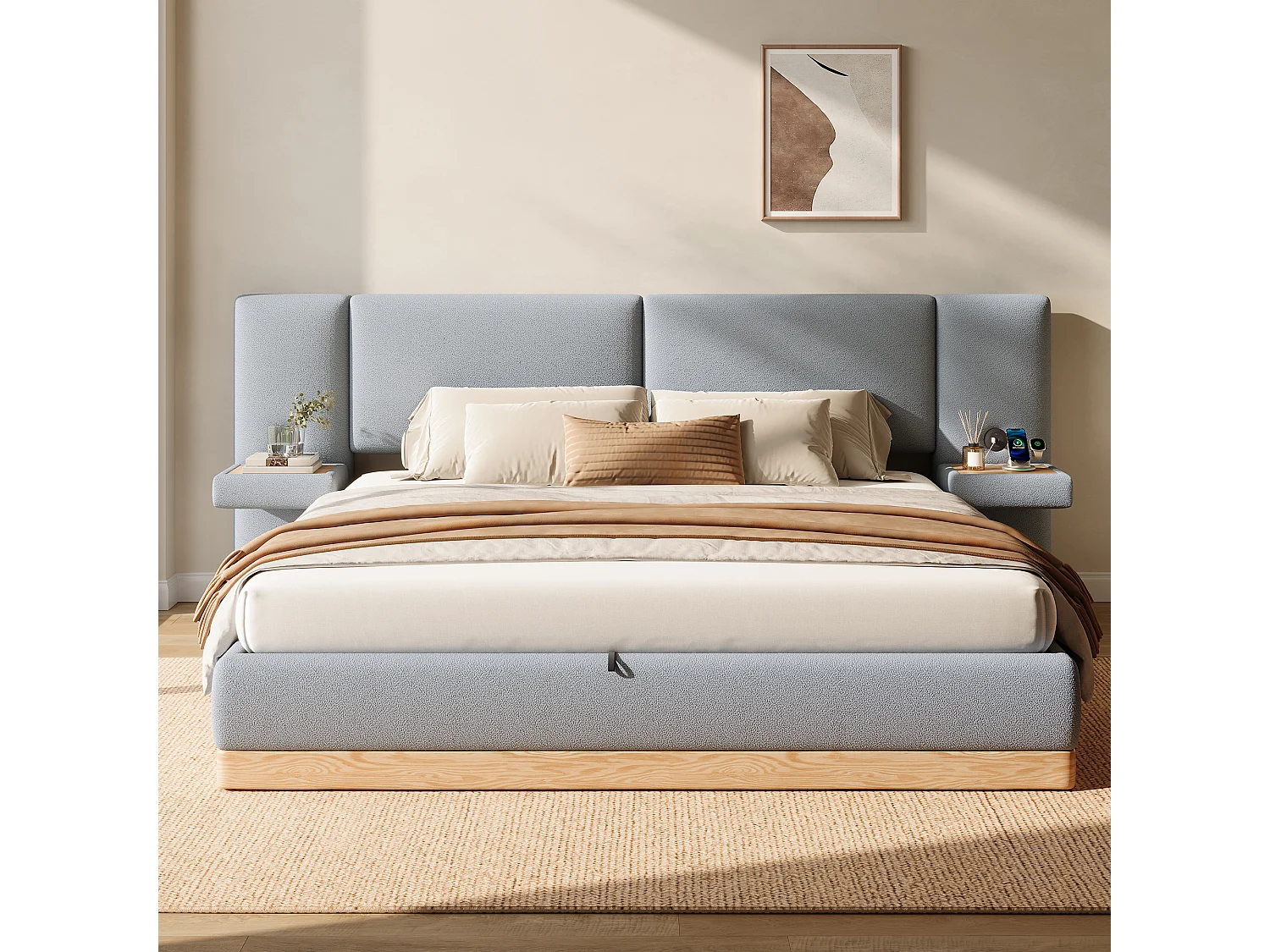 Lit coffre rembourré 180x200 cm -  Avec étagères en tête de lit et ports USB - Tissu Teddy + PU​​ - Gris+naturel (sans matelas)