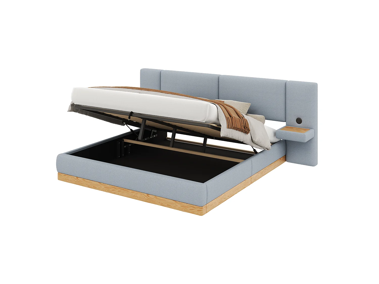 Lit coffre rembourré 180x200 cm -  Avec étagères en tête de lit et ports USB - Tissu Teddy + PU​​ - Gris+naturel (sans matelas)