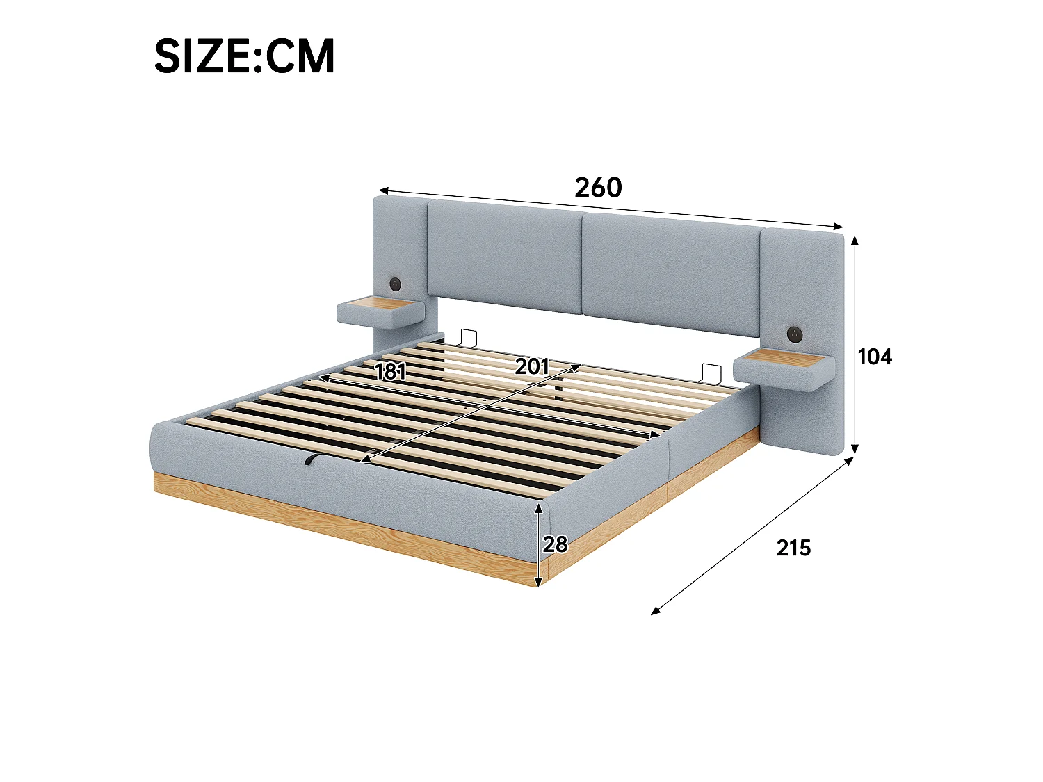 Lit coffre rembourré 180x200 cm -  Avec étagères en tête de lit et ports USB - Tissu Teddy + PU​​ - Gris+naturel (sans matelas)