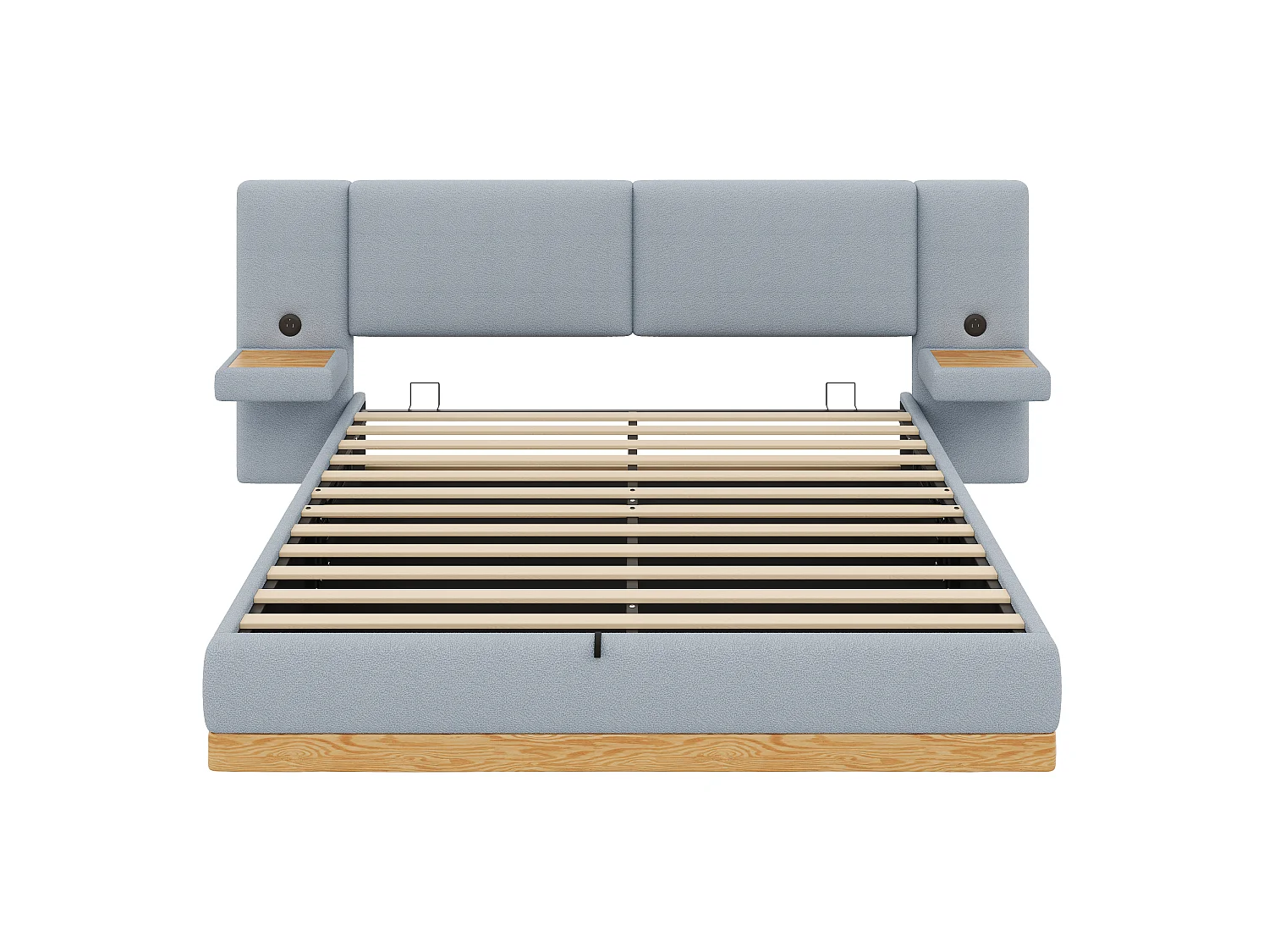 Lit coffre rembourré 180x200 cm -  Avec étagères en tête de lit et ports USB - Tissu Teddy + PU​​ - Gris+naturel (sans matelas)