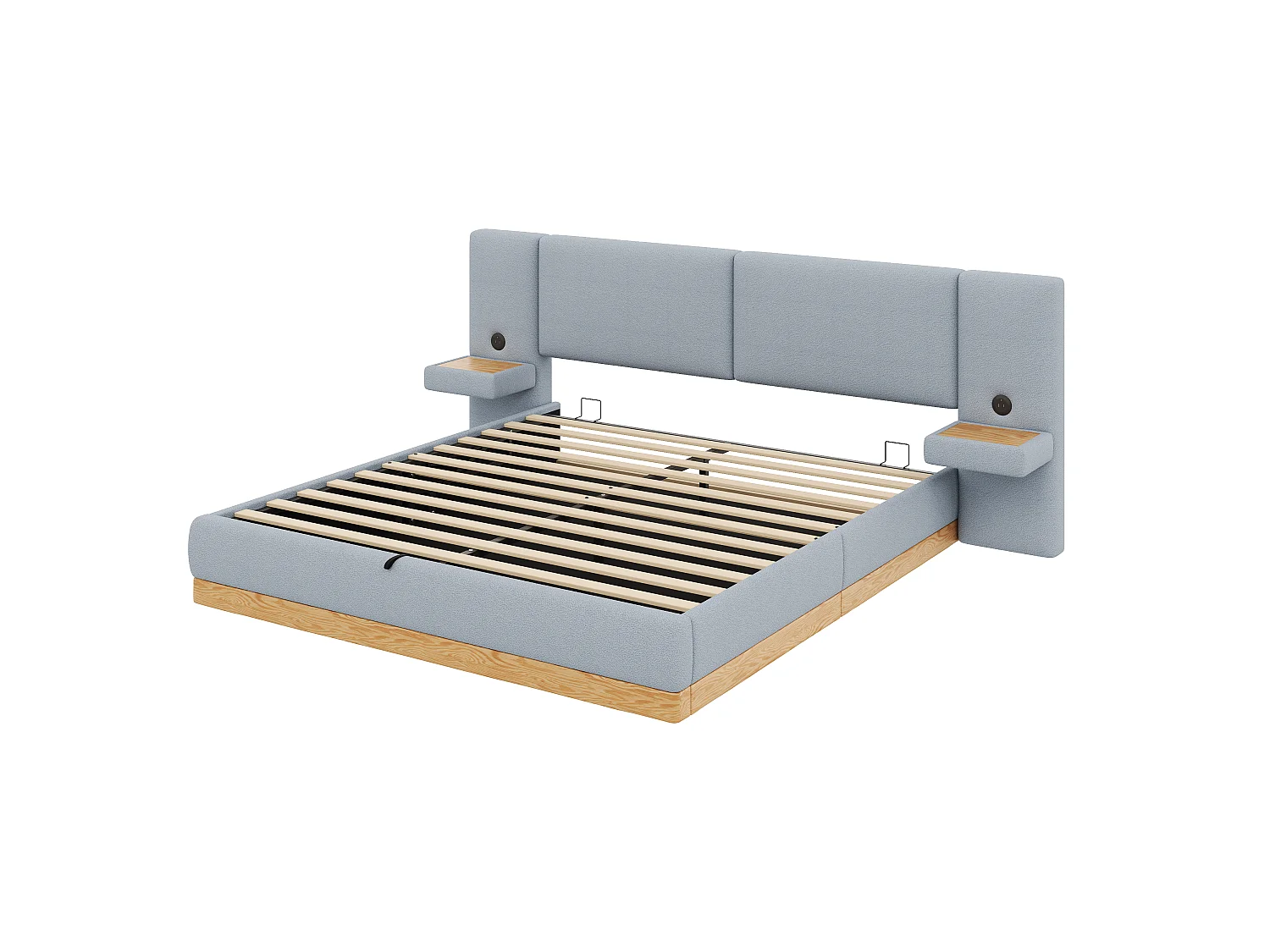 Lit coffre rembourré 180x200 cm -  Avec étagères en tête de lit et ports USB - Tissu Teddy + PU​​ - Gris+naturel (sans matelas)