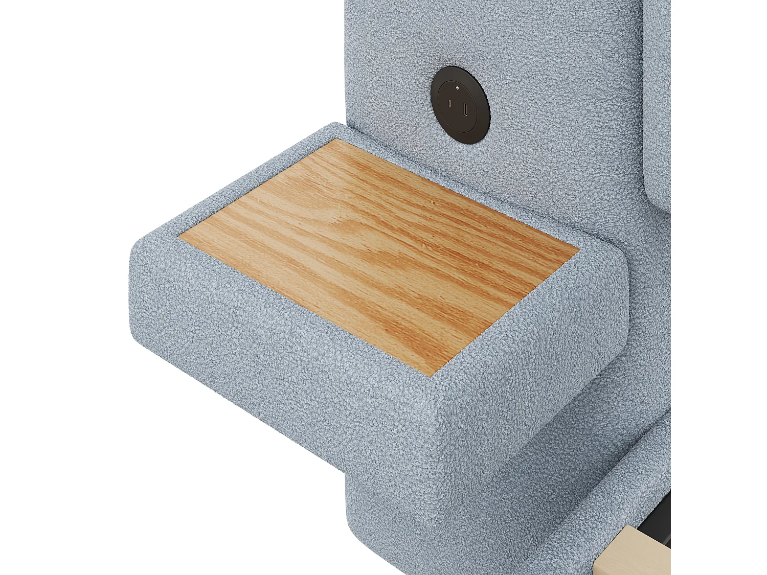 Lit coffre rembourré 180x200 cm -  Avec étagères en tête de lit et ports USB - Tissu Teddy + PU​​ - Gris+naturel (sans matelas)