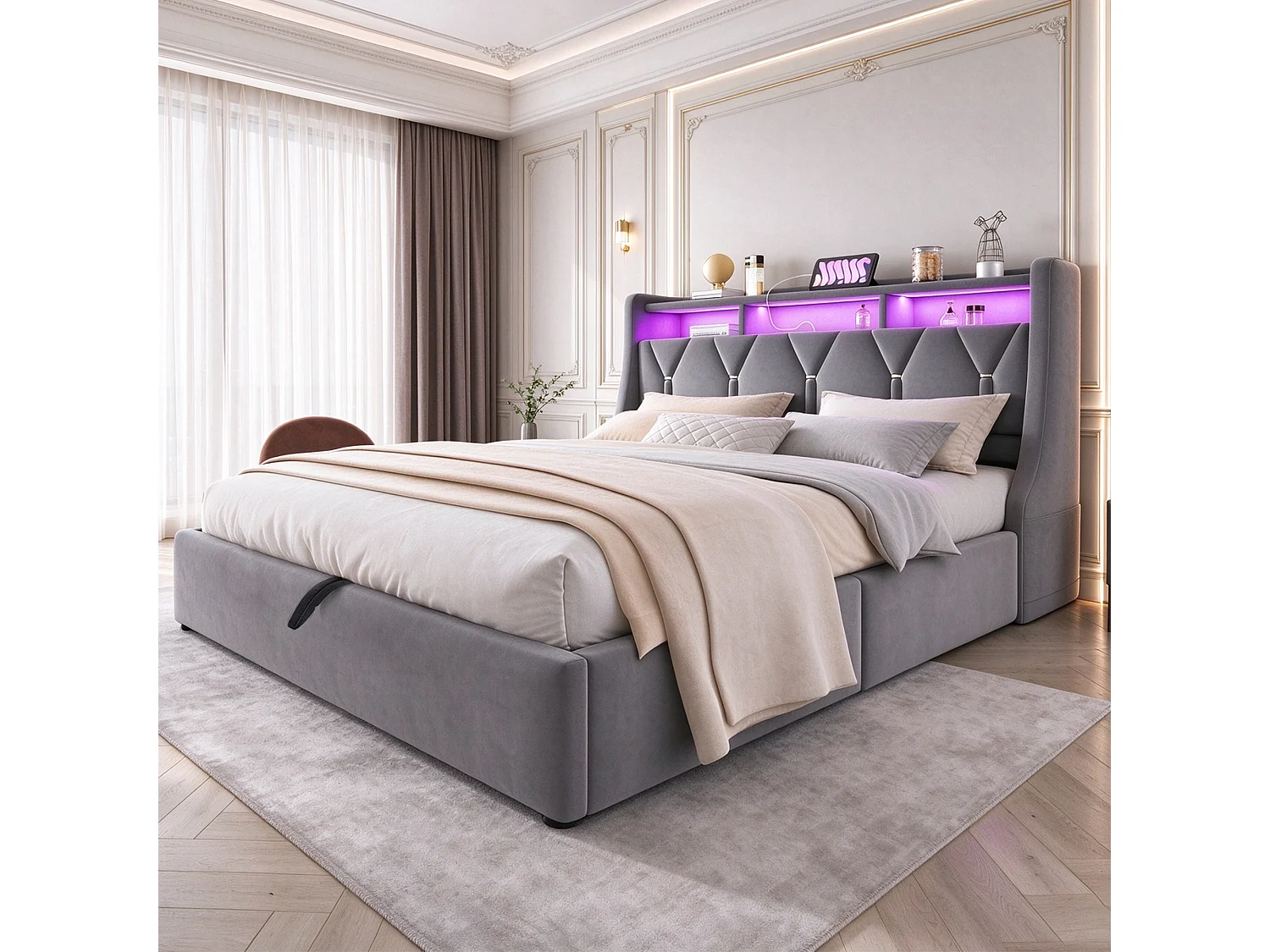 Cama baú estofada 140 x 200 cm – com tomada elétrica – com prateleira – com iluminação LED – Cinza (colchão não incluído)