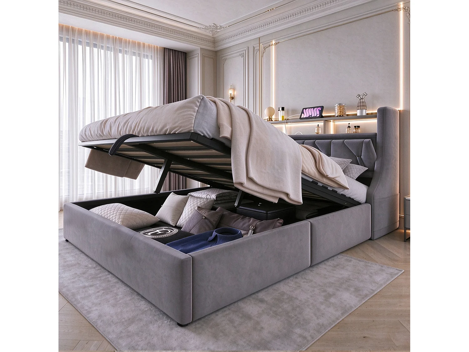 Cama baú estofada 140 x 200 cm – com tomada elétrica – com prateleira – com iluminação LED – Cinza (colchão não incluído)