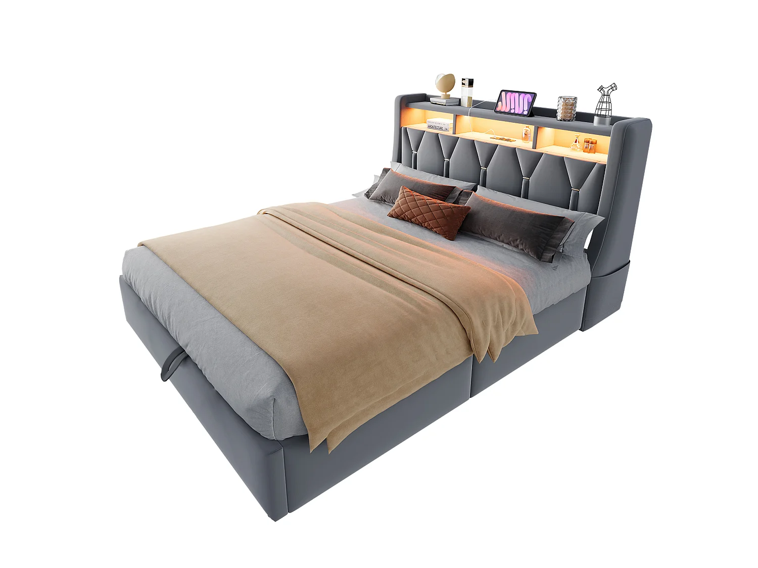 Cama baú estofada 140 x 200 cm – com tomada elétrica – com prateleira – com iluminação LED – Cinza (colchão não incluído)