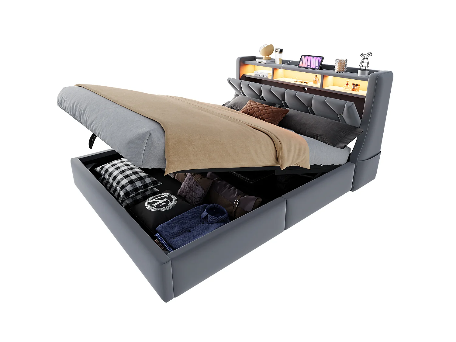 Cama baú estofada 140 x 200 cm – com tomada elétrica – com prateleira – com iluminação LED – Cinza (colchão não incluído)