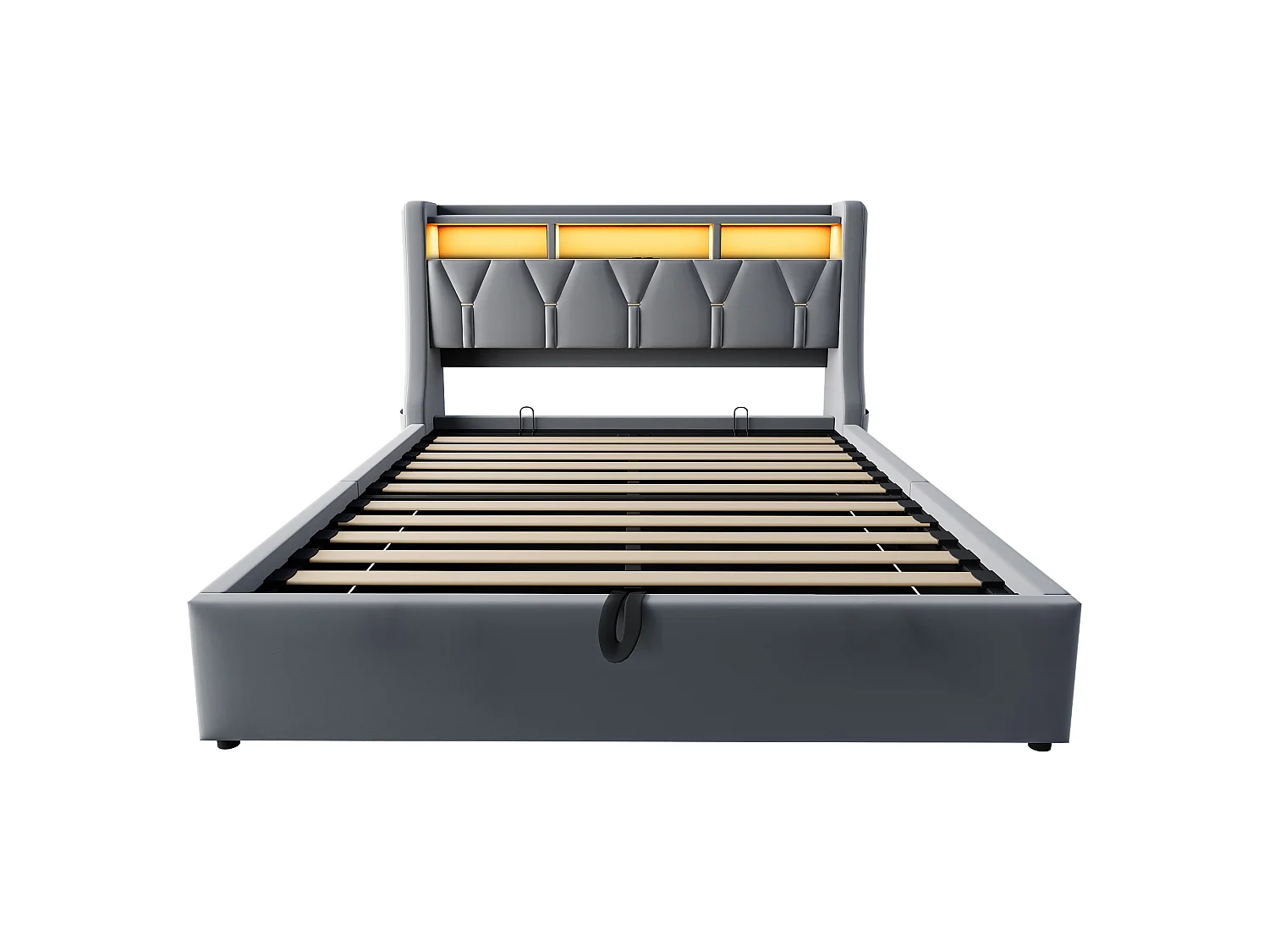 Cama baú estofada 140 x 200 cm – com tomada elétrica – com prateleira – com iluminação LED – Cinza (colchão não incluído)