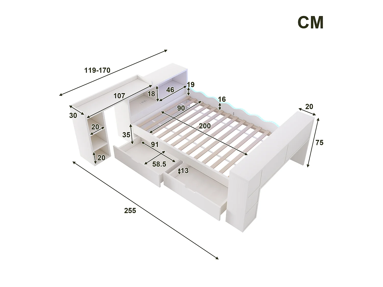 Sofa rozkładana 90x200cm - z 2 szufladami - z oświetleniem LED i gniazdami do ładowania - z rozkładanym biurkiem - biała (materac nie jest dołączony)
