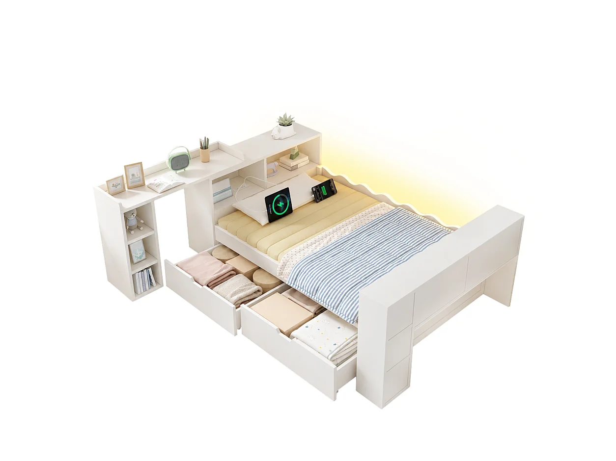 Sofa rozkładana 90x200cm - z 2 szufladami - z oświetleniem LED i gniazdami do ładowania - z rozkładanym biurkiem - biała (materac nie jest dołączony)