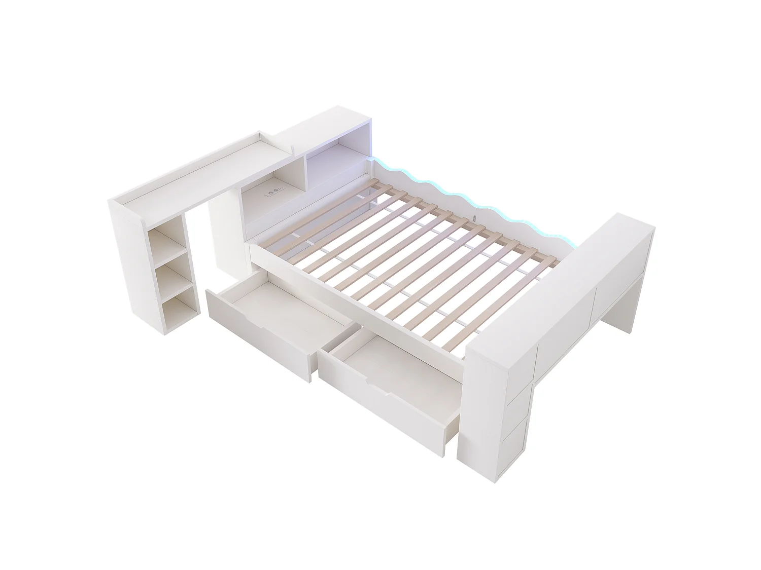 Sofa rozkładana 90x200cm - z 2 szufladami - z oświetleniem LED i gniazdami do ładowania - z rozkładanym biurkiem - biała (materac nie jest dołączony)