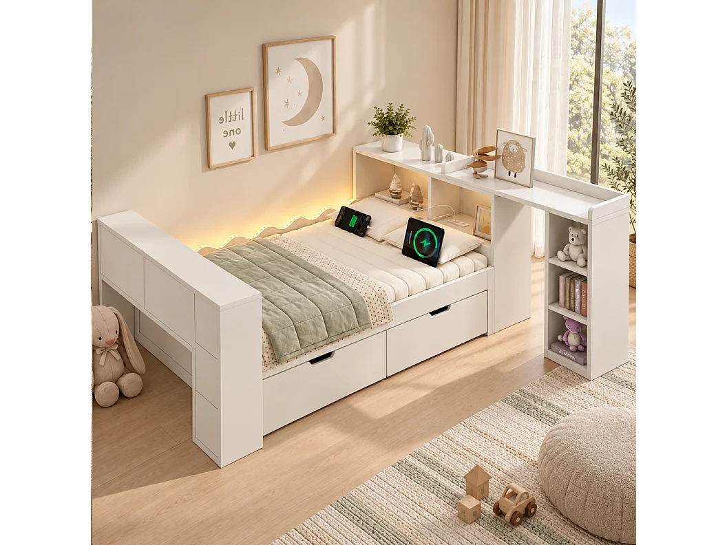 Sofa rozkładana 90x200cm - z 2 szufladami - z oświetleniem LED i gniazdami do ładowania - z rozkładanym biurkiem - biała (materac nie jest dołączony)