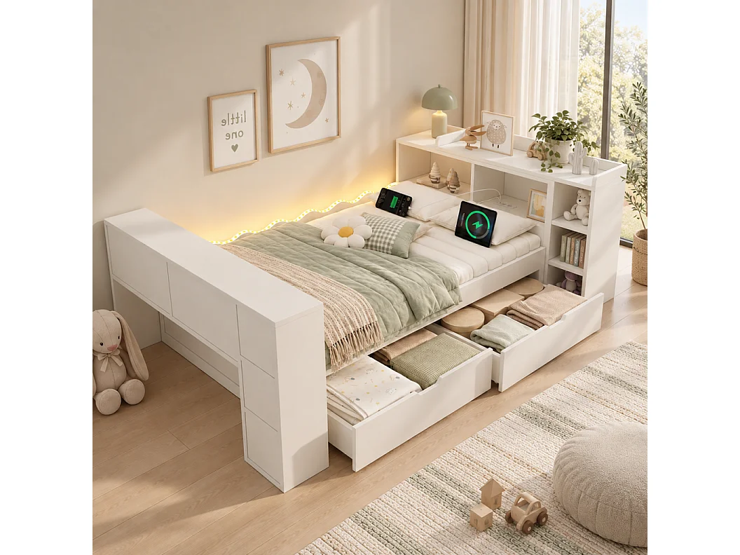 Sofa rozkładana 90x200cm - z 2 szufladami - z oświetleniem LED i gniazdami do ładowania - z rozkładanym biurkiem - biała (materac nie jest dołączony)