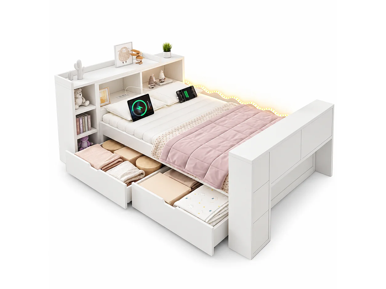 Sofa rozkładana 90x200cm - z 2 szufladami - z oświetleniem LED i gniazdami do ładowania - z rozkładanym biurkiem - biała (materac nie jest dołączony)