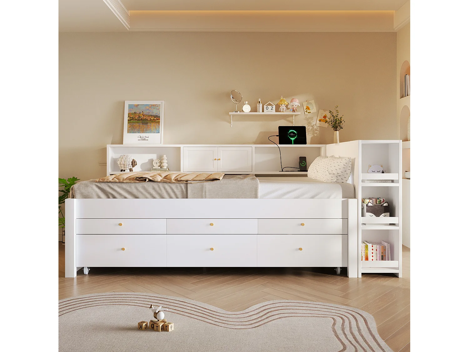 Slaapbank 140x200 cm - Met uitschuifbed - Met 3 lades, opbergvak en USB-poorten - MDF - Wit (zonder matras)