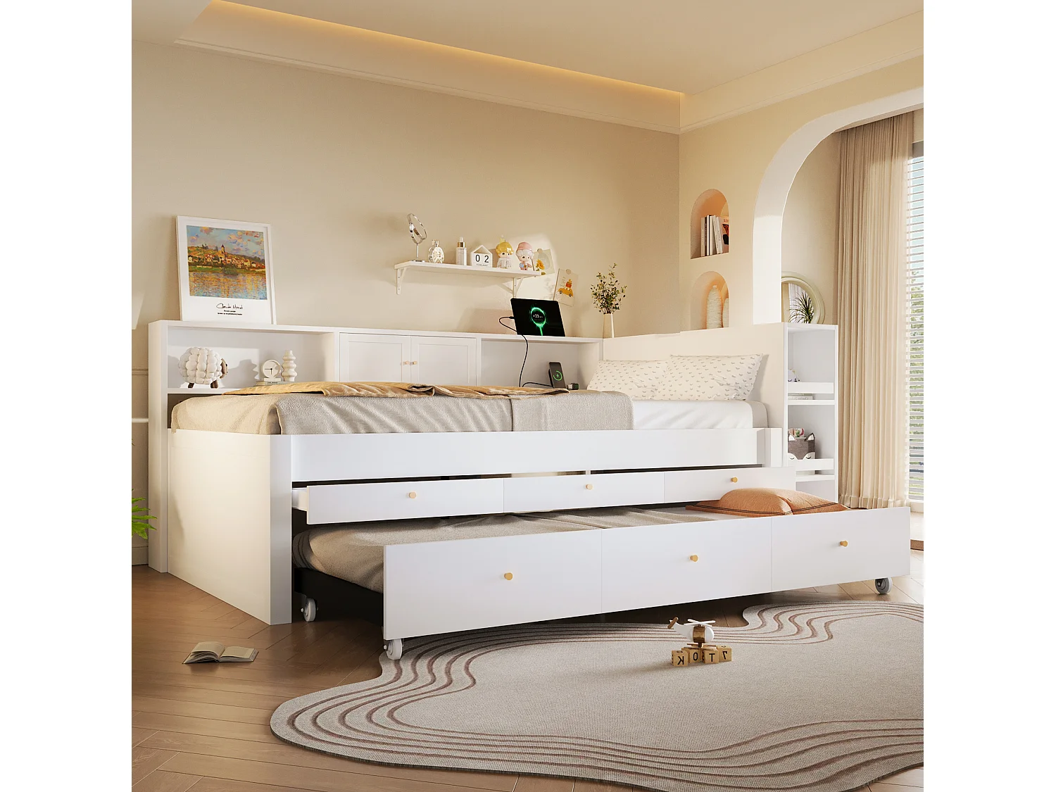 Slaapbank 140x200 cm - Met uitschuifbed - Met 3 lades, opbergvak en USB-poorten - MDF - Wit (zonder matras)
