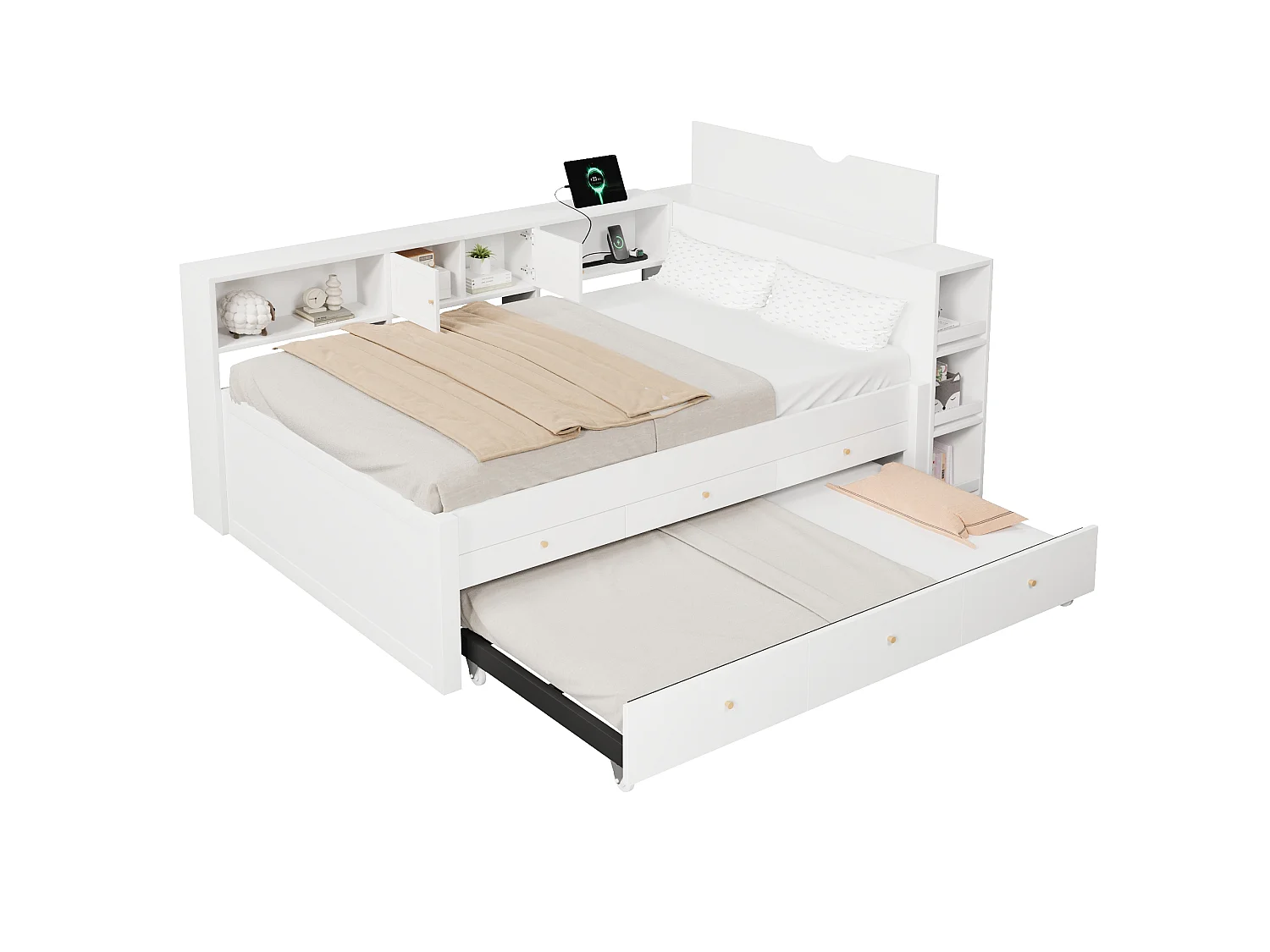 Slaapbank 140x200 cm - Met uitschuifbed - Met 3 lades, opbergvak en USB-poorten - MDF - Wit (zonder matras)