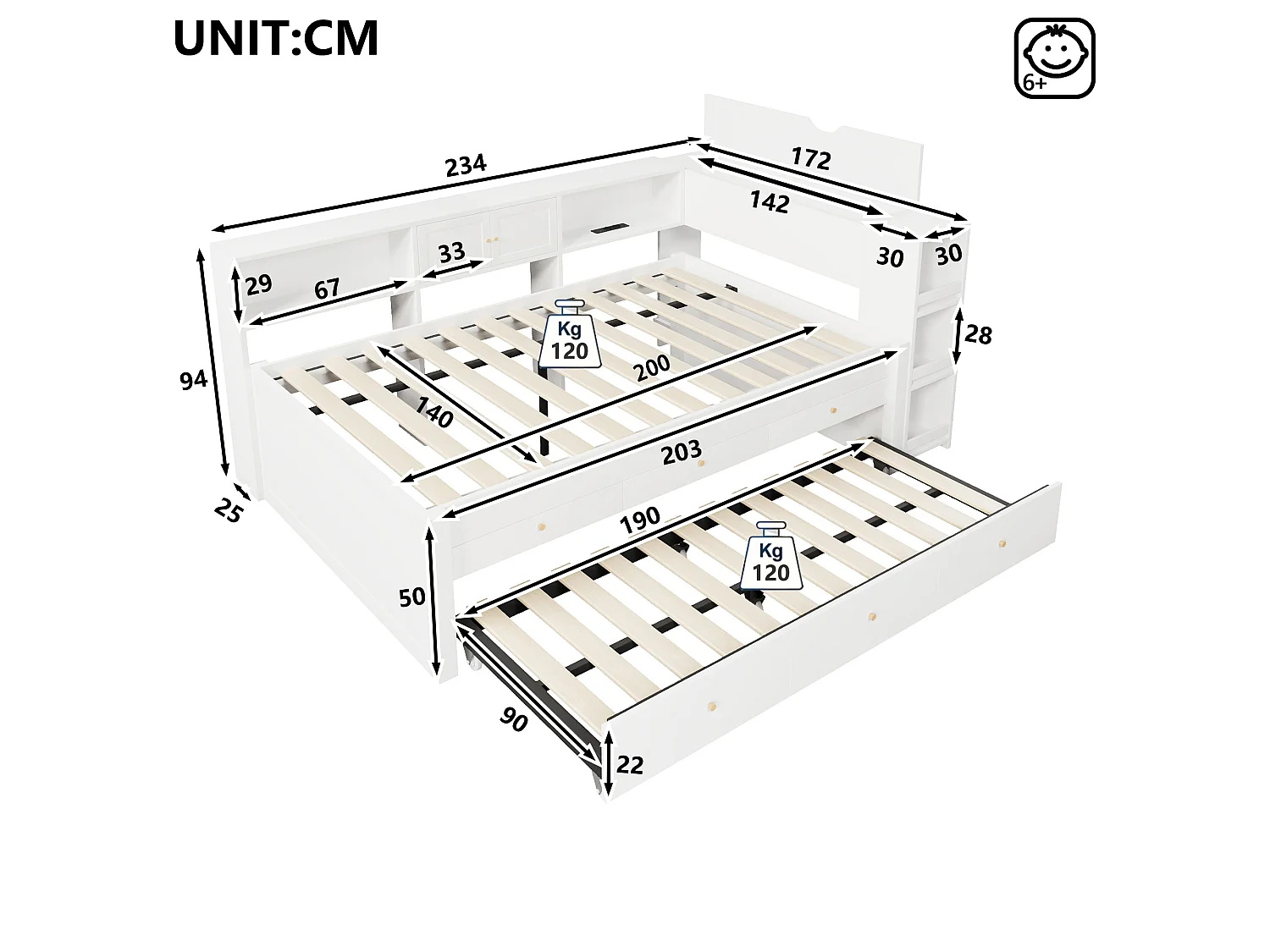 Slaapbank 140x200 cm - Met uitschuifbed - Met 3 lades, opbergvak en USB-poorten - MDF - Wit (zonder matras)