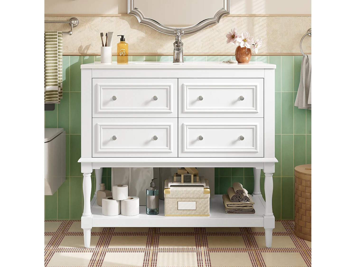 Mobile bagno con lavabo in ceramica - 4 cassetti e ripiano aperto - Finitura laccata - MDF - Bianco