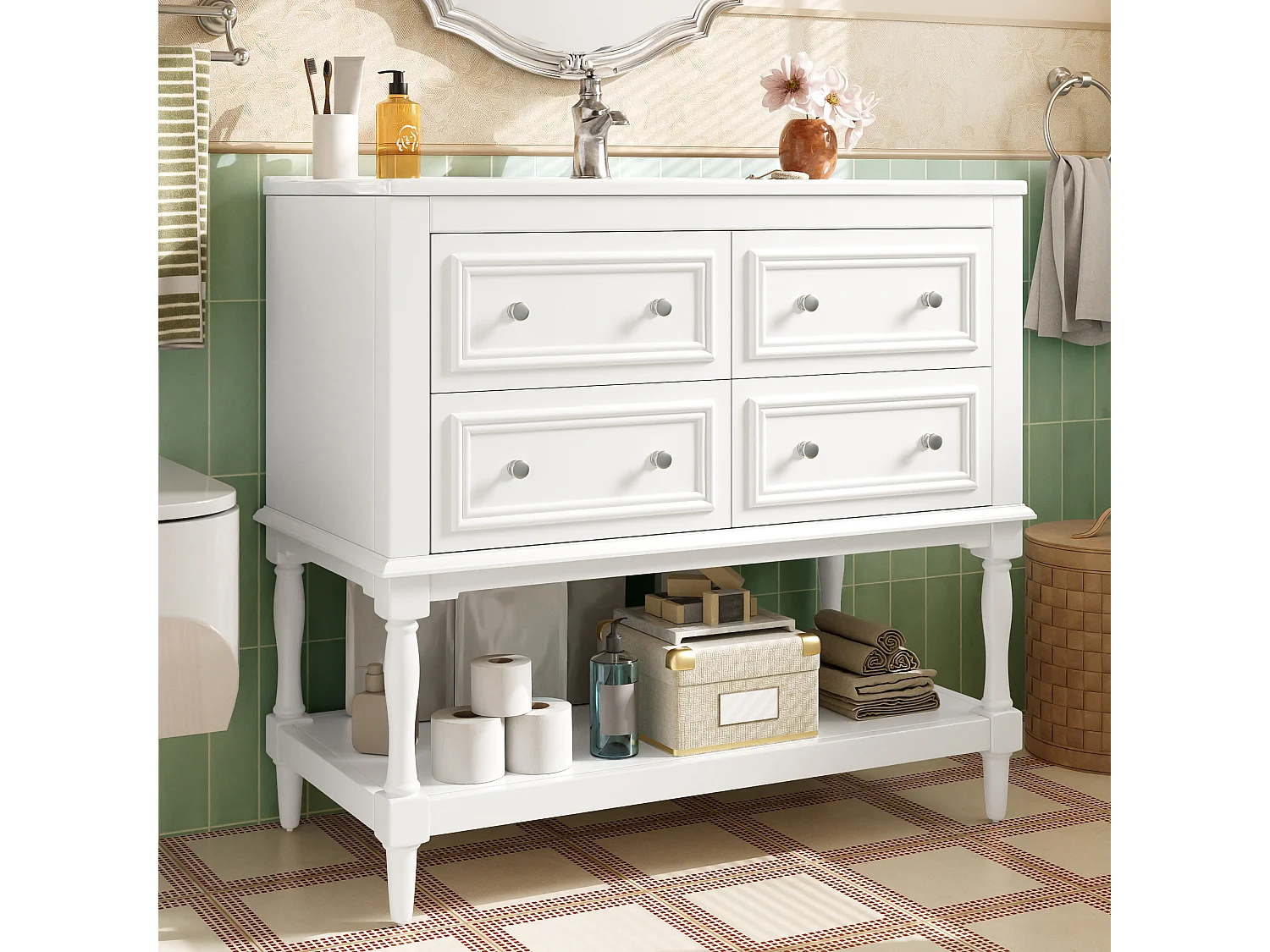 Mobile bagno con lavabo in ceramica - 4 cassetti e ripiano aperto - Finitura laccata - MDF - Bianco