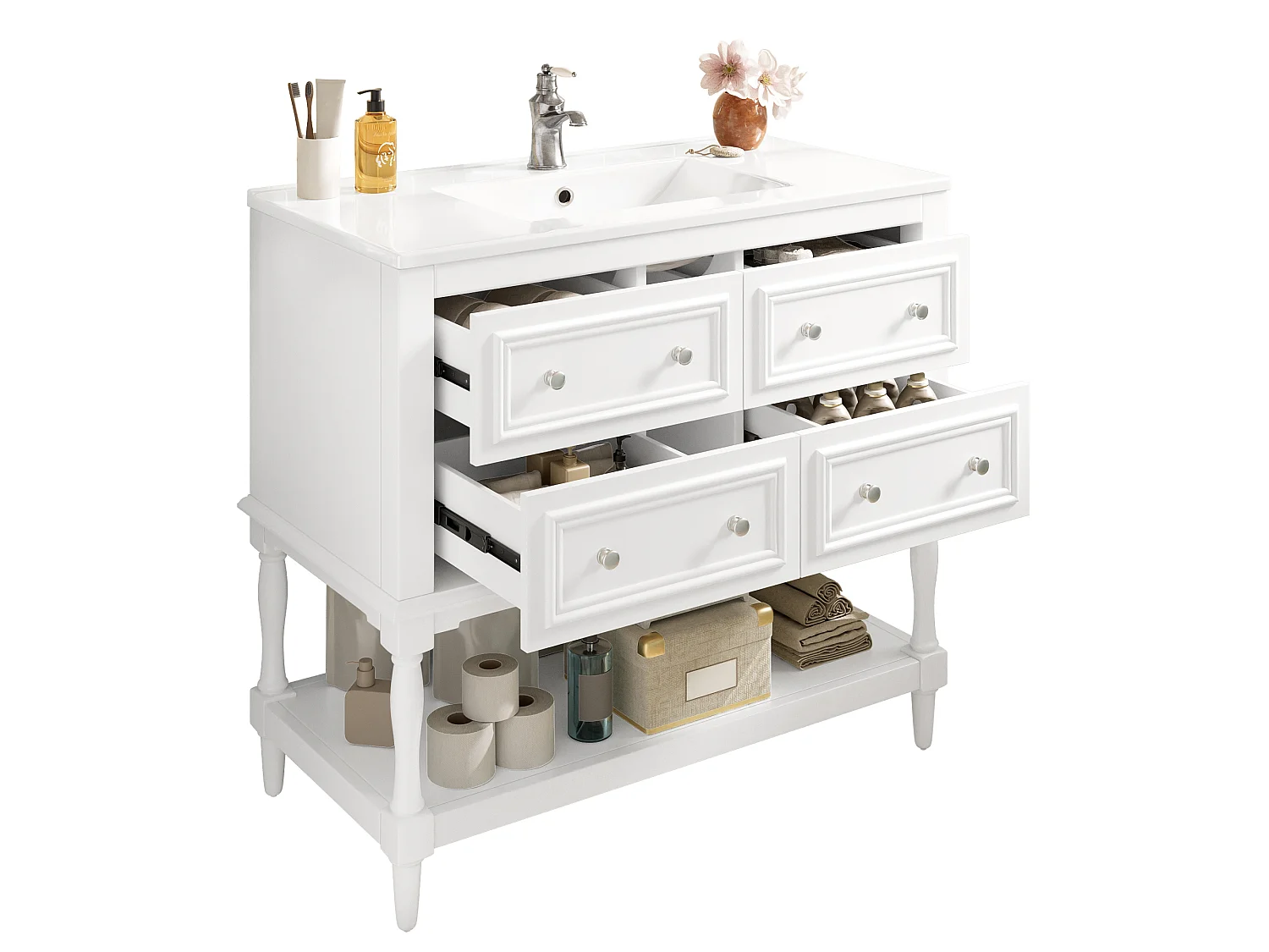 Mobile bagno con lavabo in ceramica - 4 cassetti e ripiano aperto - Finitura laccata - MDF - Bianco