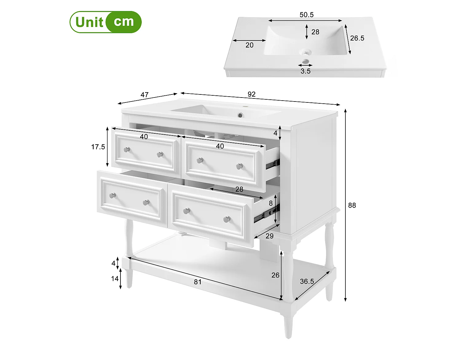 Mobile bagno con lavabo in ceramica - 4 cassetti e ripiano aperto - Finitura laccata - MDF - Bianco