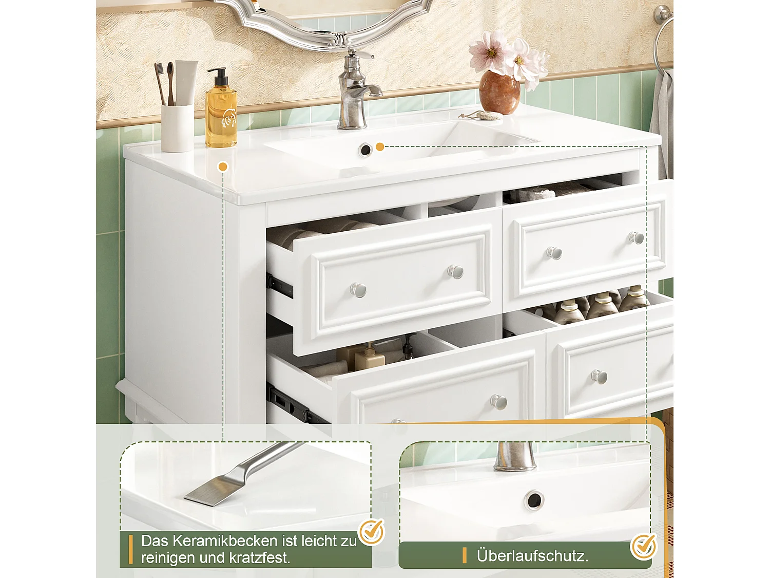 Mobile bagno con lavabo in ceramica - 4 cassetti e ripiano aperto - Finitura laccata - MDF - Bianco