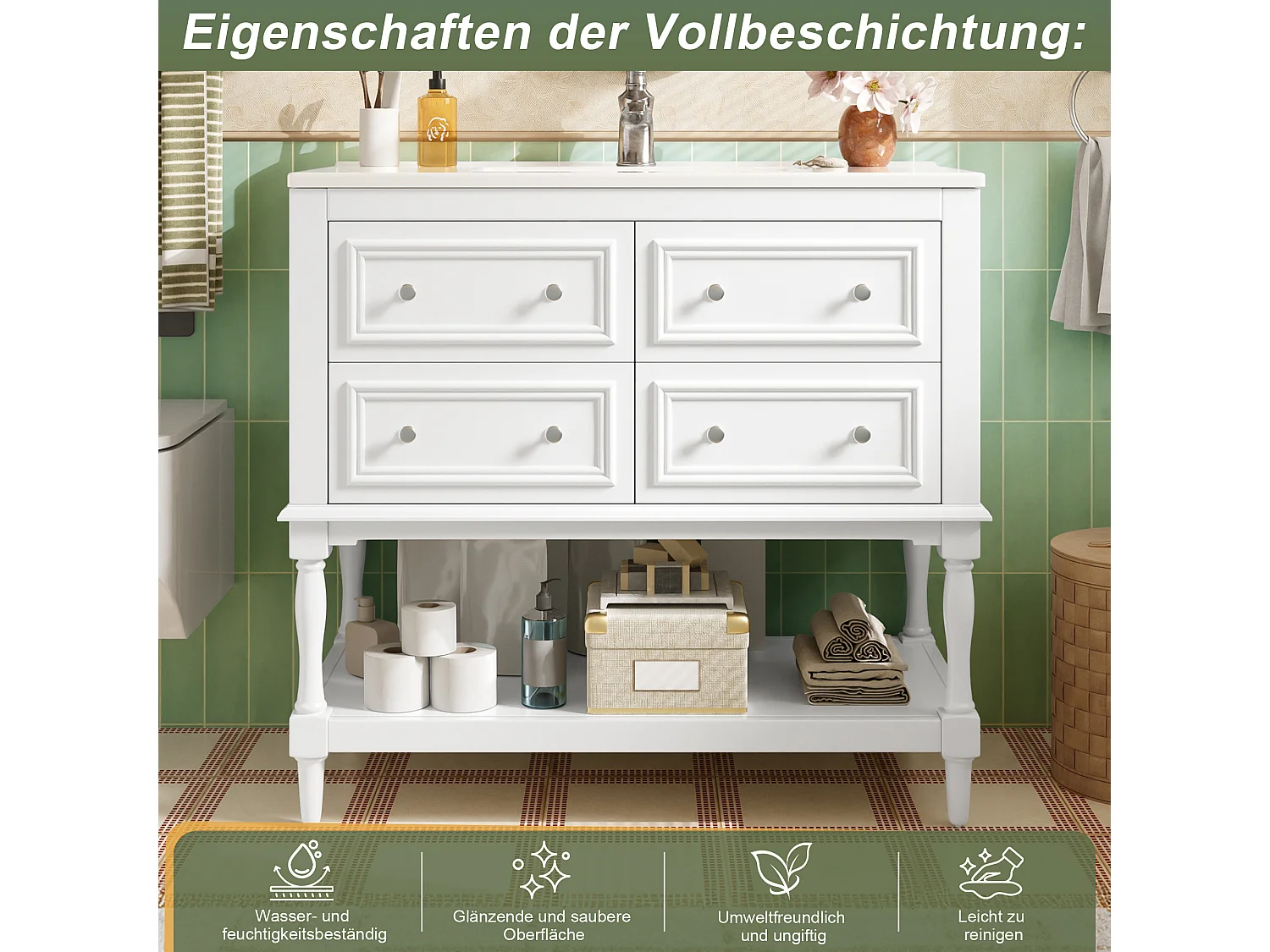 Mobile bagno con lavabo in ceramica - 4 cassetti e ripiano aperto - Finitura laccata - MDF - Bianco