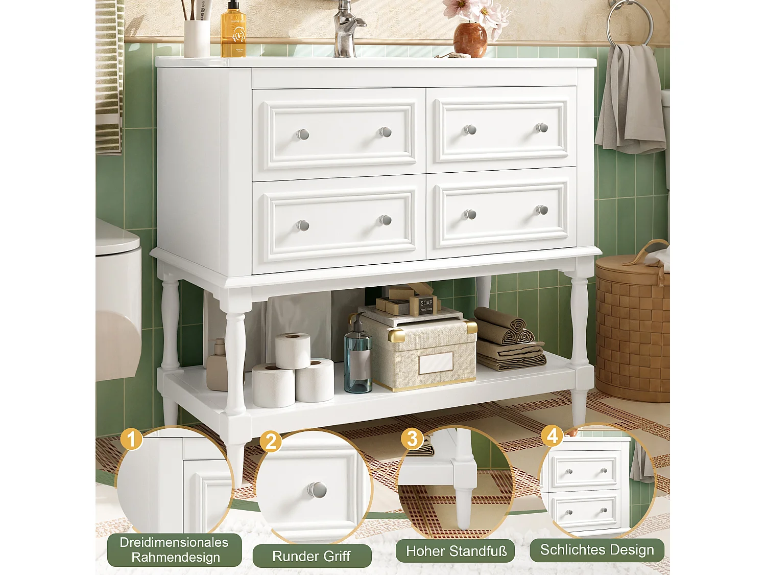 Mobile bagno con lavabo in ceramica - 4 cassetti e ripiano aperto - Finitura laccata - MDF - Bianco
