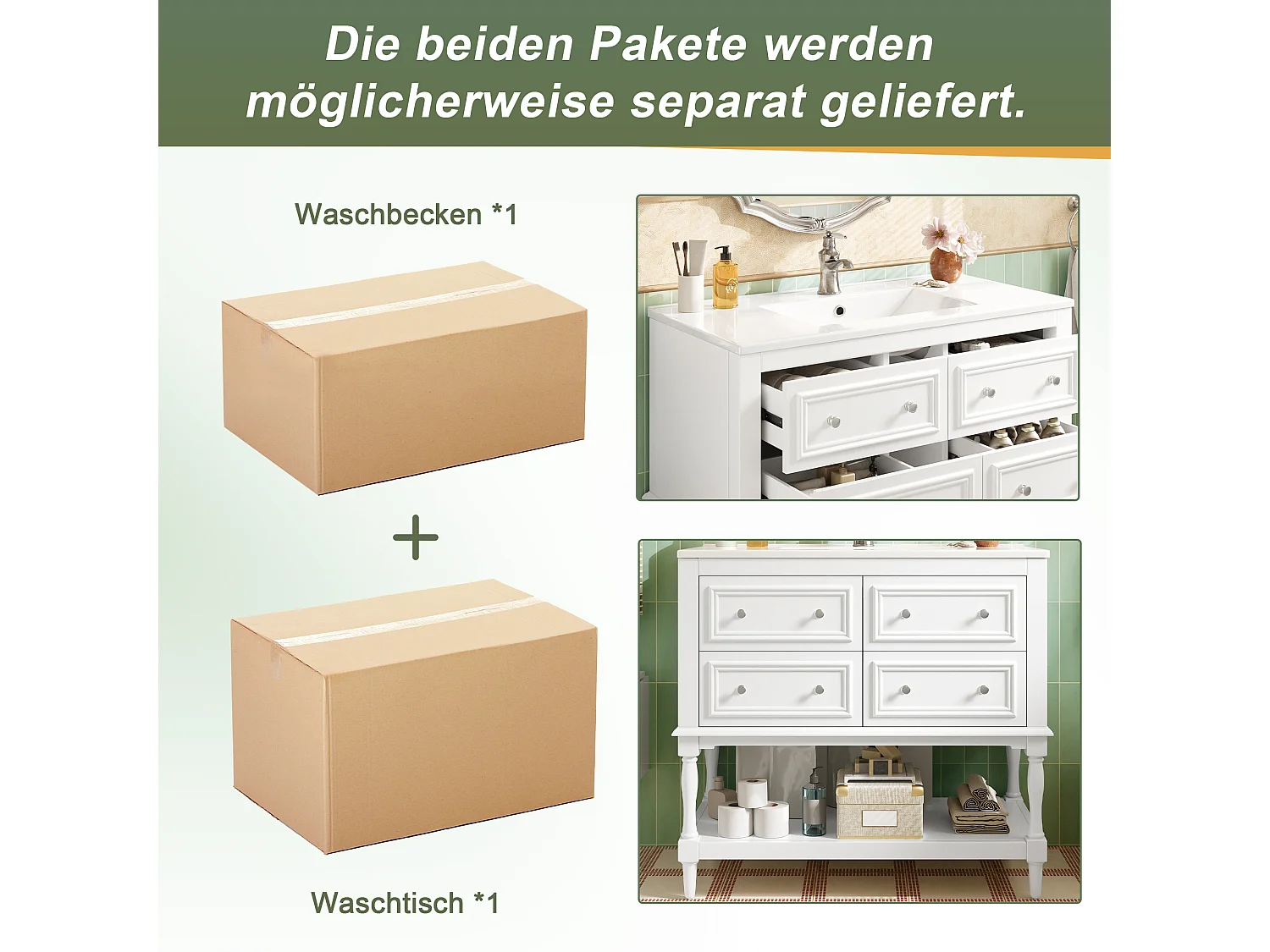 Mobile bagno con lavabo in ceramica - 4 cassetti e ripiano aperto - Finitura laccata - MDF - Bianco