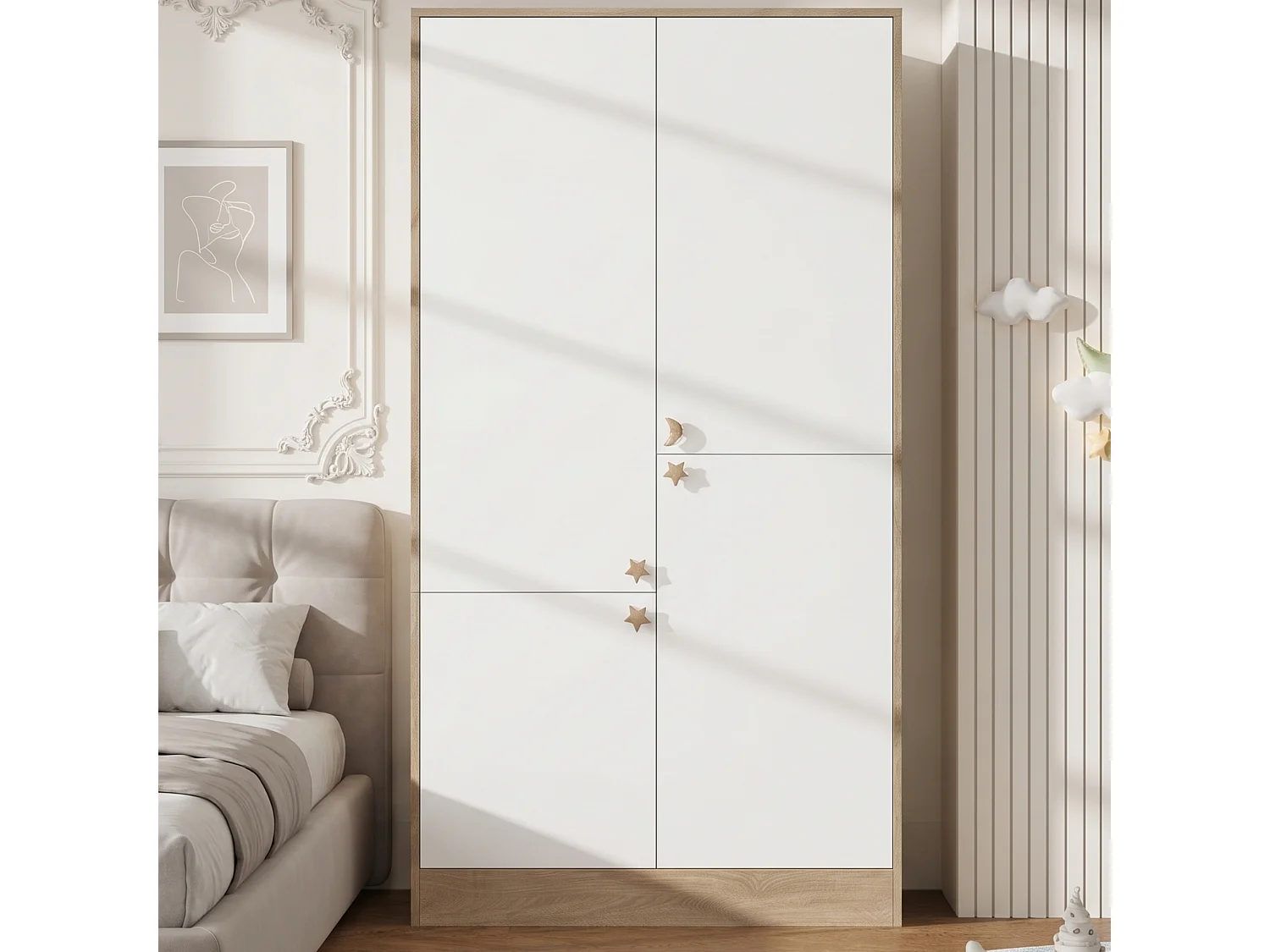 Armário moderno com 4 portas 100x50x180 cm - 3 cabides e puxadores em madeira maciça - MDF - Branco + Natural