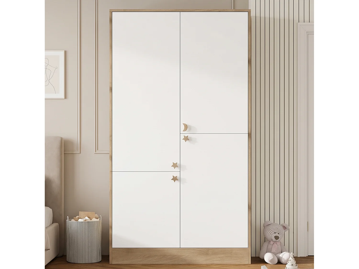 Armário moderno com 4 portas 100x50x180 cm - 3 cabides e puxadores em madeira maciça - MDF - Branco + Natural
