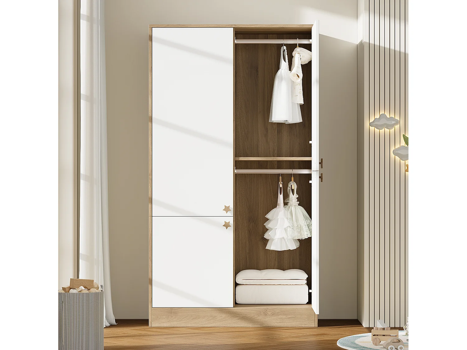 Armário moderno com 4 portas 100x50x180 cm - 3 cabides e puxadores em madeira maciça - MDF - Branco + Natural