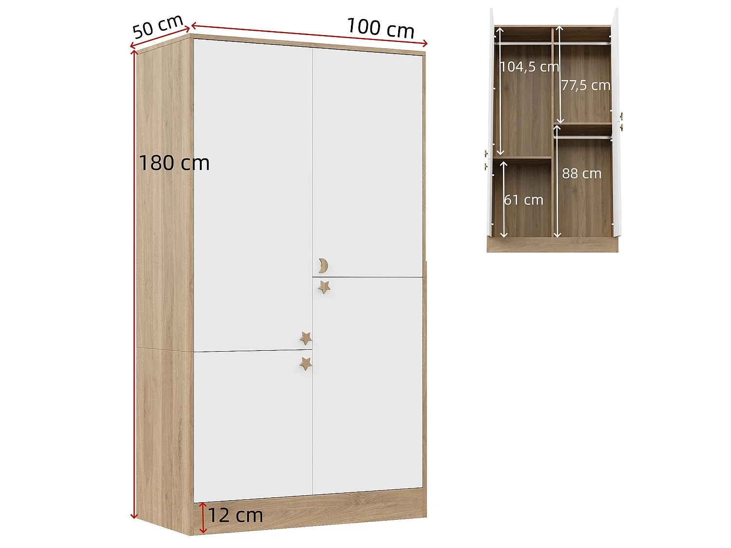 Armário moderno com 4 portas 100x50x180 cm - 3 cabides e puxadores em madeira maciça - MDF - Branco + Natural