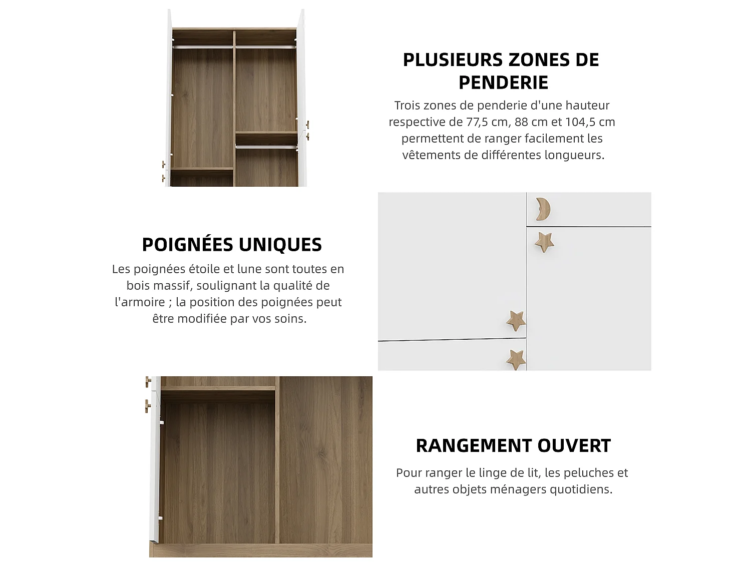 Armário moderno com 4 portas 100x50x180 cm - 3 cabides e puxadores em madeira maciça - MDF - Branco + Natural