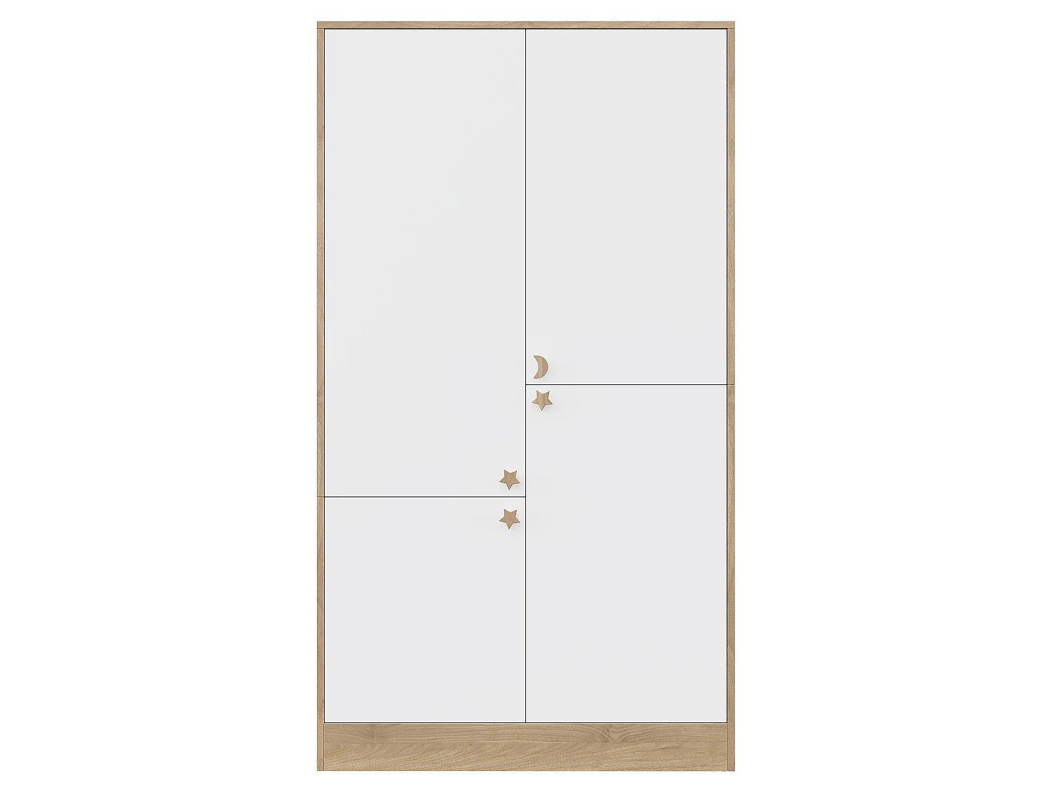 Armário moderno com 4 portas 100x50x180 cm - 3 cabides e puxadores em madeira maciça - MDF - Branco + Natural