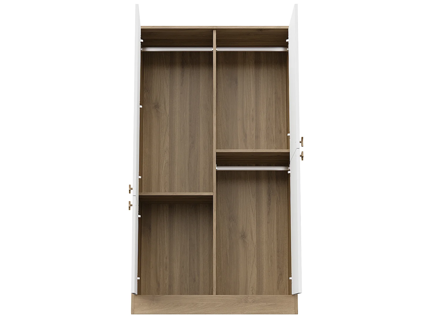 Armário moderno com 4 portas 100x50x180 cm - 3 cabides e puxadores em madeira maciça - MDF - Branco + Natural
