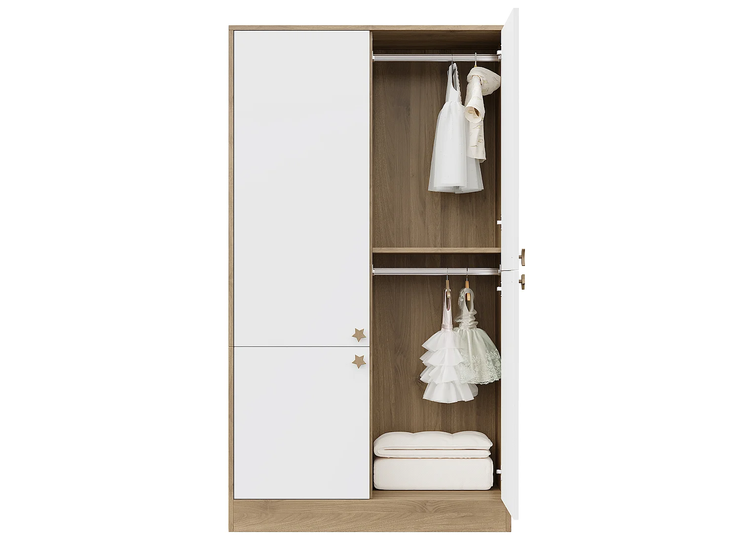 Armário moderno com 4 portas 100x50x180 cm - 3 cabides e puxadores em madeira maciça - MDF - Branco + Natural