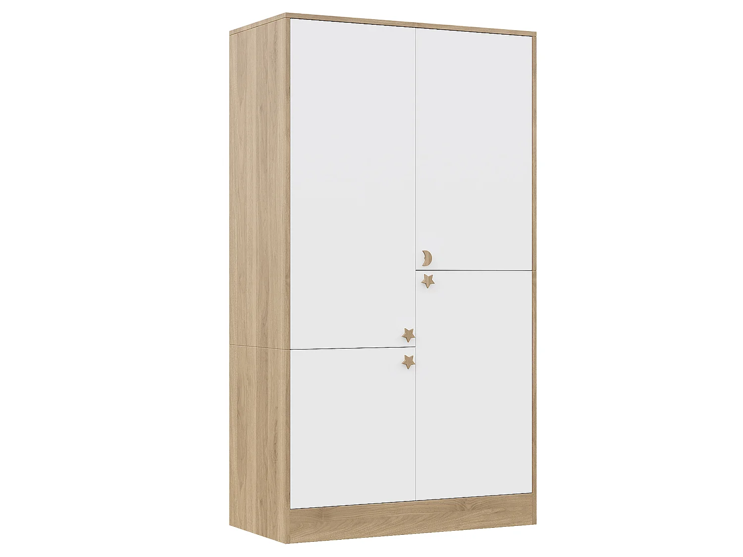 Armário moderno com 4 portas 100x50x180 cm - 3 cabides e puxadores em madeira maciça - MDF - Branco + Natural